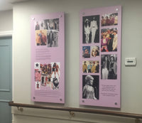Reminiscence display artwork illustrating mens and womens fashion from the 1960's and 70's and the influence that popular culture had on fashion, including images of pop stars of the era