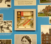 Reminiscence display artwork featuring a medical memory box and images relating to hospitals nurses and the NHS images 