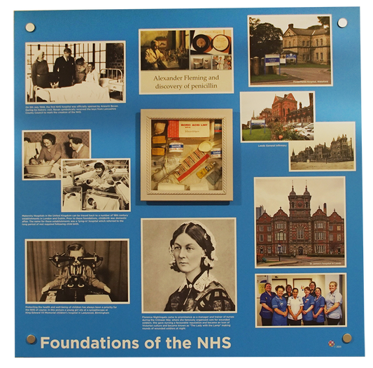 Remniscence display artwork featuring hospitals, nurses and the national health service