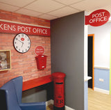 Wallpaper Mural of a Post Office designed for dementia care home with a themed memory box , clock and posting box 